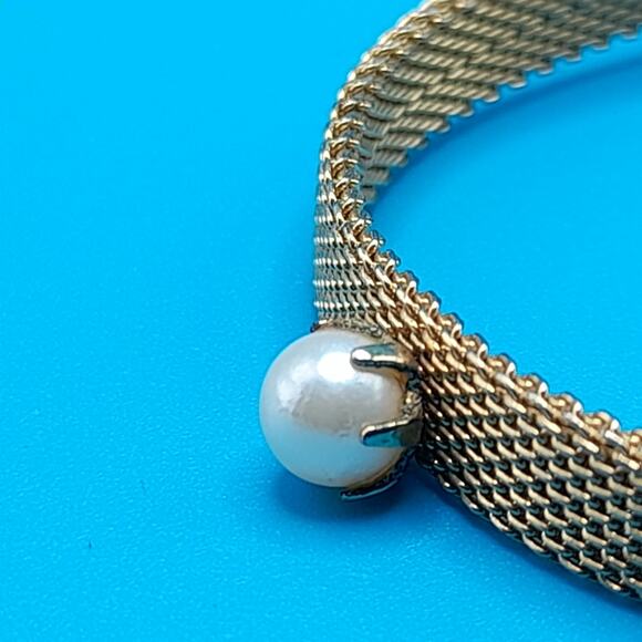 Vintage Mesh Faux Pearl Bracelet, Belt Style Buckle, Mid-Century Jewelry - Picture 11 of 14